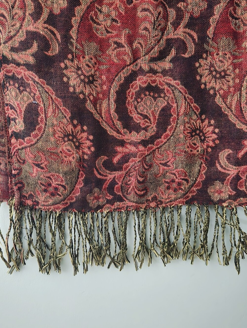 Vintage Bohemian Rich Red, Orange, Rustic Earthy Boho Paisley Pashmina Scarf - Picture 4 of 5